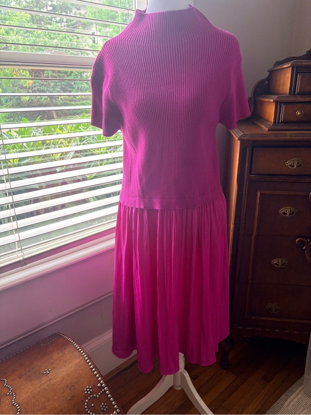 Anthropologie Fuchsia Ribbed Knit Top with Pleated Midi Skirt